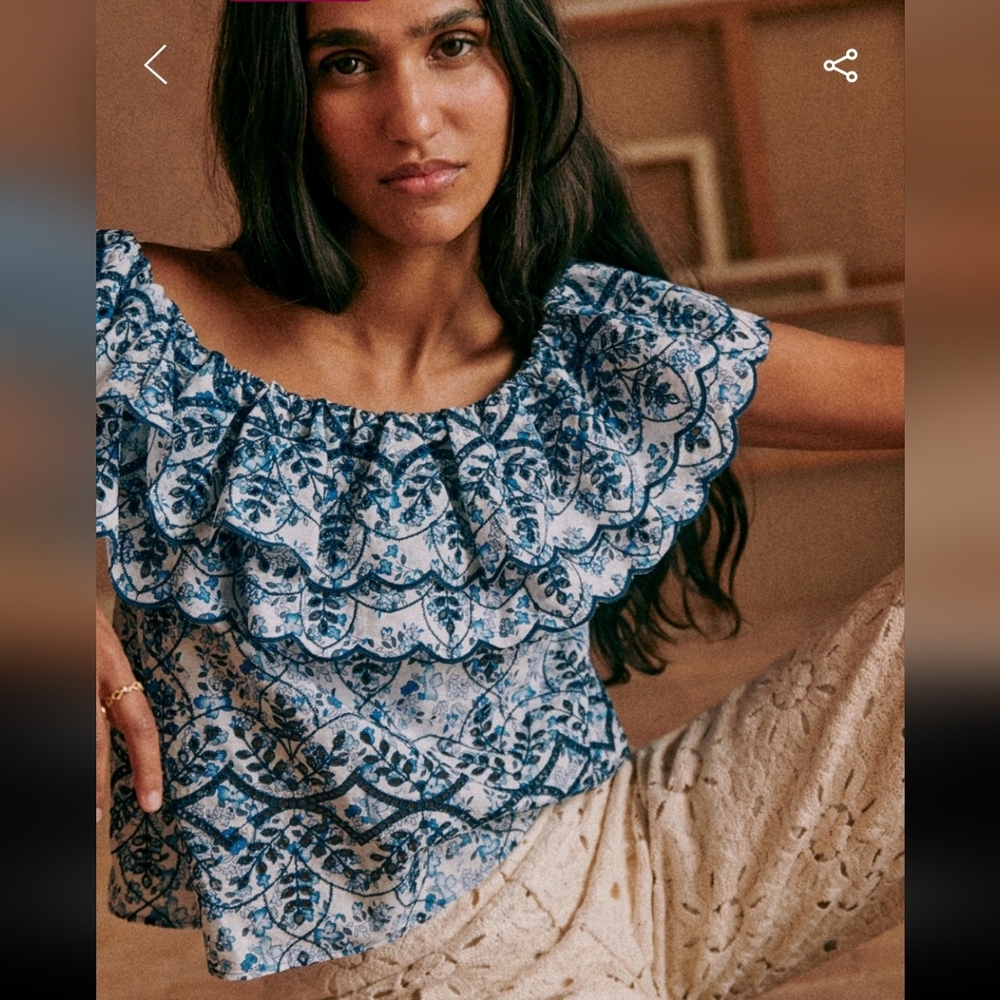 Sezane Leilani Blue and White Floral Off The Shoulder Blouse
